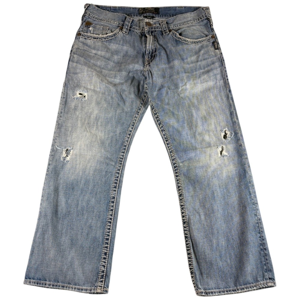 Silver Jeans Co Zac Relaxed Jeans Mens 36x30 Light Wash Distressed Y2K Grunge